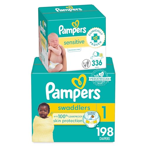 Pampers Swaddlers Disposable Baby Diapers Size 1, One Month Supply (198 Count) with Sensitive Water Based Baby Wipes 6X Pop-Top Packs (336 Count)