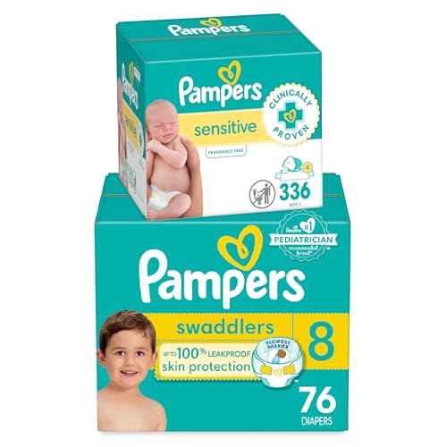 Pampers Swaddlers Disposable Baby Diapers Size 1, One Month Supply (198 Count) with Sensitive Water Based Baby Wipes 6X Pop-Top Packs (336 Count)