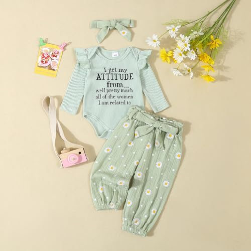 Kaipiclos Newborn Infant Girl Clothes Rib Knit Romper Daisy Print Pants Headband Baby Clothes for Girls 0 3 6 12 18 24 Months