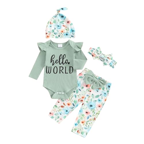 Hello World - Conjunto de mameluco acanalado con volantes y pantalones florales para recién nacido, ropa de verano