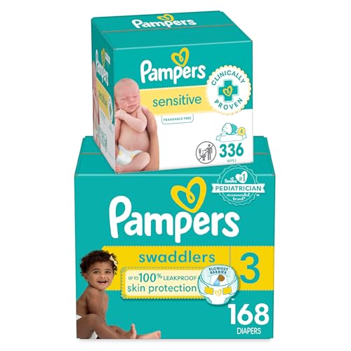 Pampers Swaddlers Disposable Baby Diapers Size 1, One Month Supply (198 Count) with Sensitive Water Based Baby Wipes 6X Pop-Top Packs (336 Count)