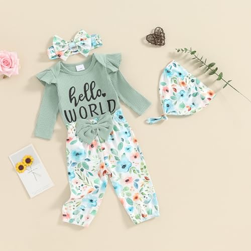 Hello World - Conjunto de mameluco acanalado con volantes y pantalones florales para recién nacido, ropa de verano