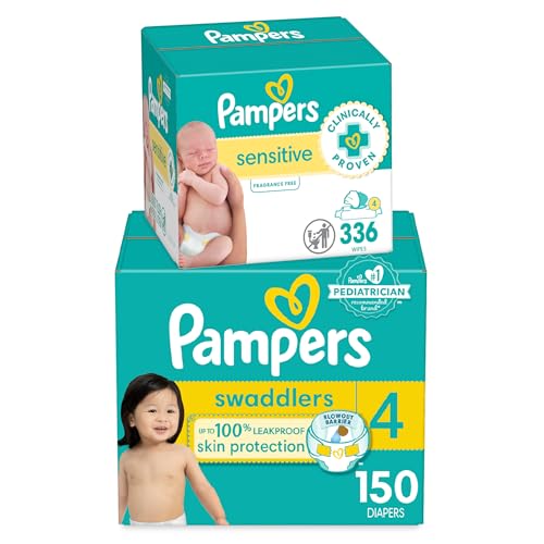 Pampers Swaddlers Disposable Baby Diapers Size 1, One Month Supply (198 Count) with Sensitive Water Based Baby Wipes 6X Pop-Top Packs (336 Count)