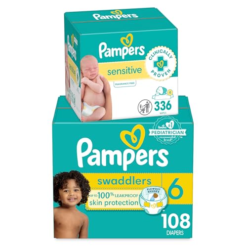 Pampers Swaddlers Disposable Baby Diapers Size 1, One Month Supply (198 Count) with Sensitive Water Based Baby Wipes 6X Pop-Top Packs (336 Count)