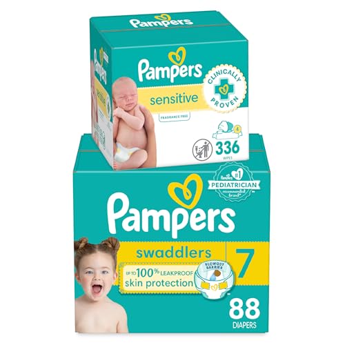 Pampers Swaddlers Disposable Baby Diapers Size 1, One Month Supply (198 Count) with Sensitive Water Based Baby Wipes 6X Pop-Top Packs (336 Count)