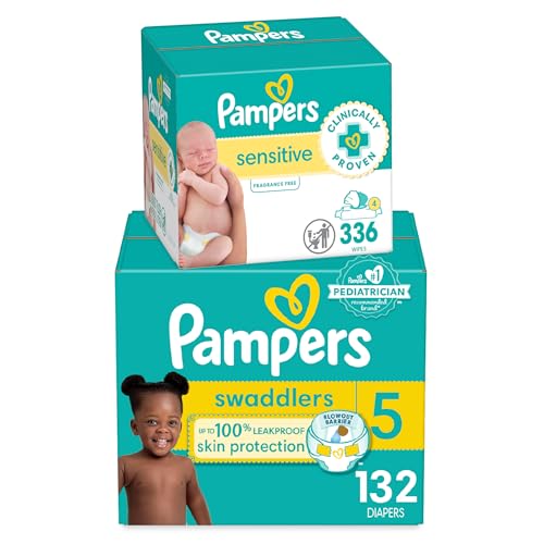 Pampers Swaddlers Disposable Baby Diapers Size 1, One Month Supply (198 Count) with Sensitive Water Based Baby Wipes 6X Pop-Top Packs (336 Count)