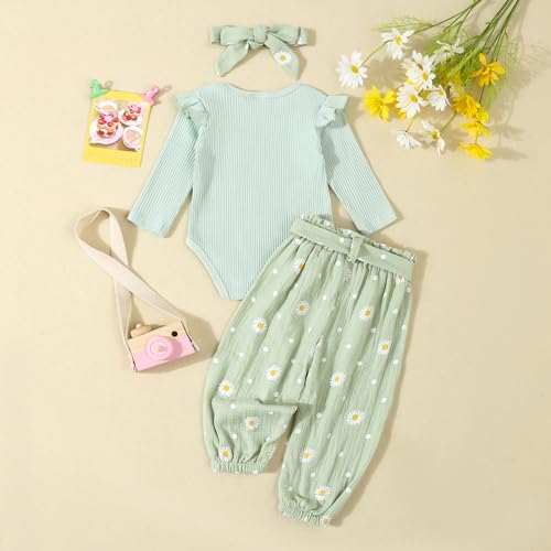 Kaipiclos Newborn Infant Girl Clothes Rib Knit Romper Daisy Print Pants Headband Baby Clothes for Girls 0 3 6 12 18 24 Months