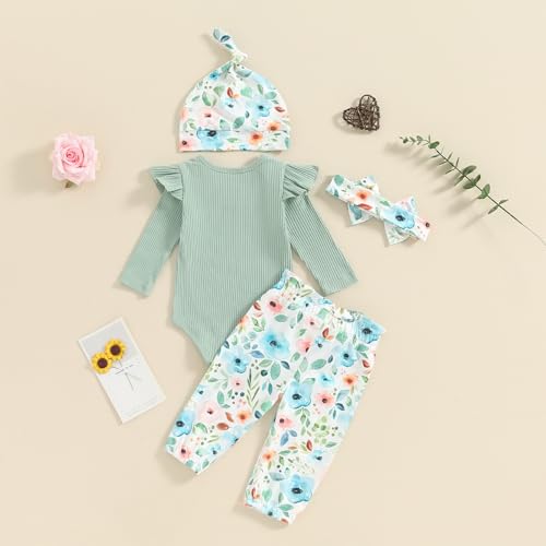 Hello World - Conjunto de mameluco acanalado con volantes y pantalones florales para recién nacido, ropa de verano