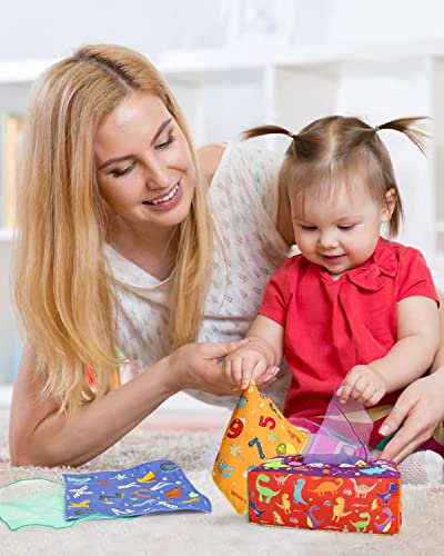 DINORUN Juguetes para bebés de 6 a 12 meses – Juguetes Montessori para bebés de 6 a 12 meses – Juguetes sensoriales para bebés recién nacidos – Caja de pañuelos mágica para bebé, juguete educativo de