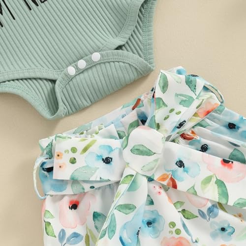 Hello World - Conjunto de mameluco acanalado con volantes y pantalones florales para recién nacido, ropa de verano