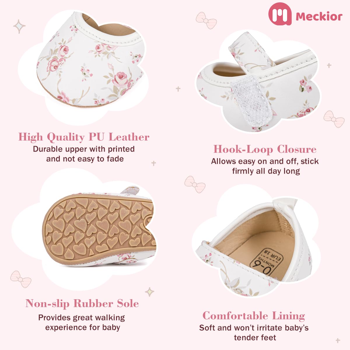 Meckior Zapatos planos de princesa hechos a mano para bebés, niñas y niños, para primeros pasos, de piel sintética suave, antideslizantes, para cuna, vestido de boda