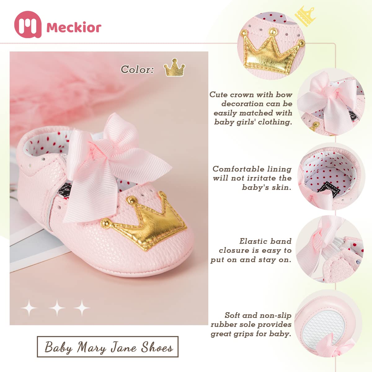 Meckior Zapatos planos de princesa hechos a mano para bebés, niñas y niños, para primeros pasos, de piel sintética suave, antideslizantes, para cuna, vestido de boda