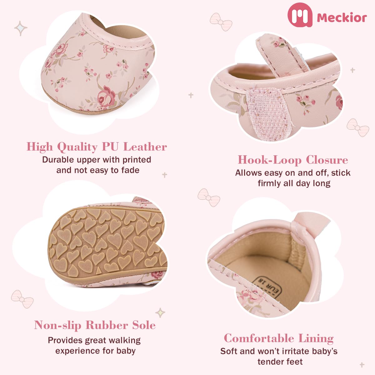 Meckior Zapatos planos de princesa hechos a mano para bebés, niñas y niños, para primeros pasos, de piel sintética suave, antideslizantes, para cuna, vestido de boda