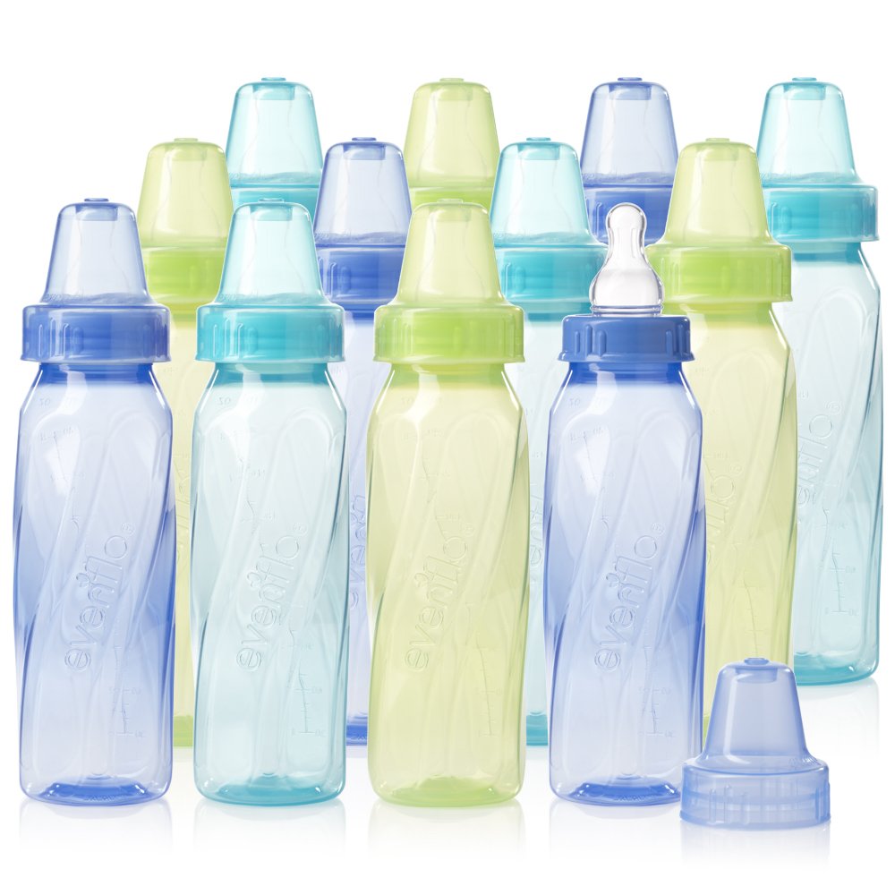 Evenflo Feeding Botellas clásicas de plástico tintado estándar para bebé, bebé y recién nacido, verde azulado, verde/azul, 8 onzas (paquete de 12)