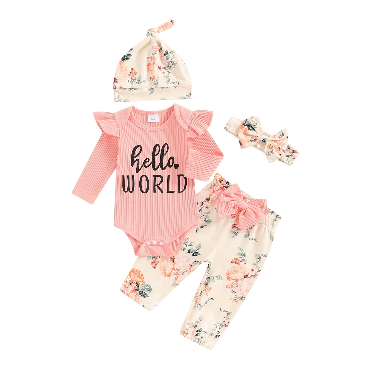 Hello World - Conjunto de mameluco acanalado con volantes y pantalones florales para recién nacido, ropa de verano