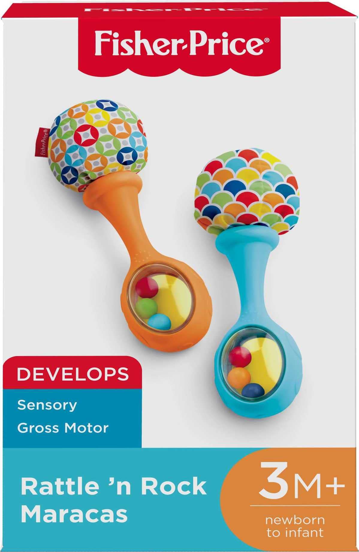 Fisher-Price Baby Newborn Toys Rattle 'n Rock Maracas, juego de 2 instrumentos musicales suaves para bebés de más de 3 meses, color azul y naranja