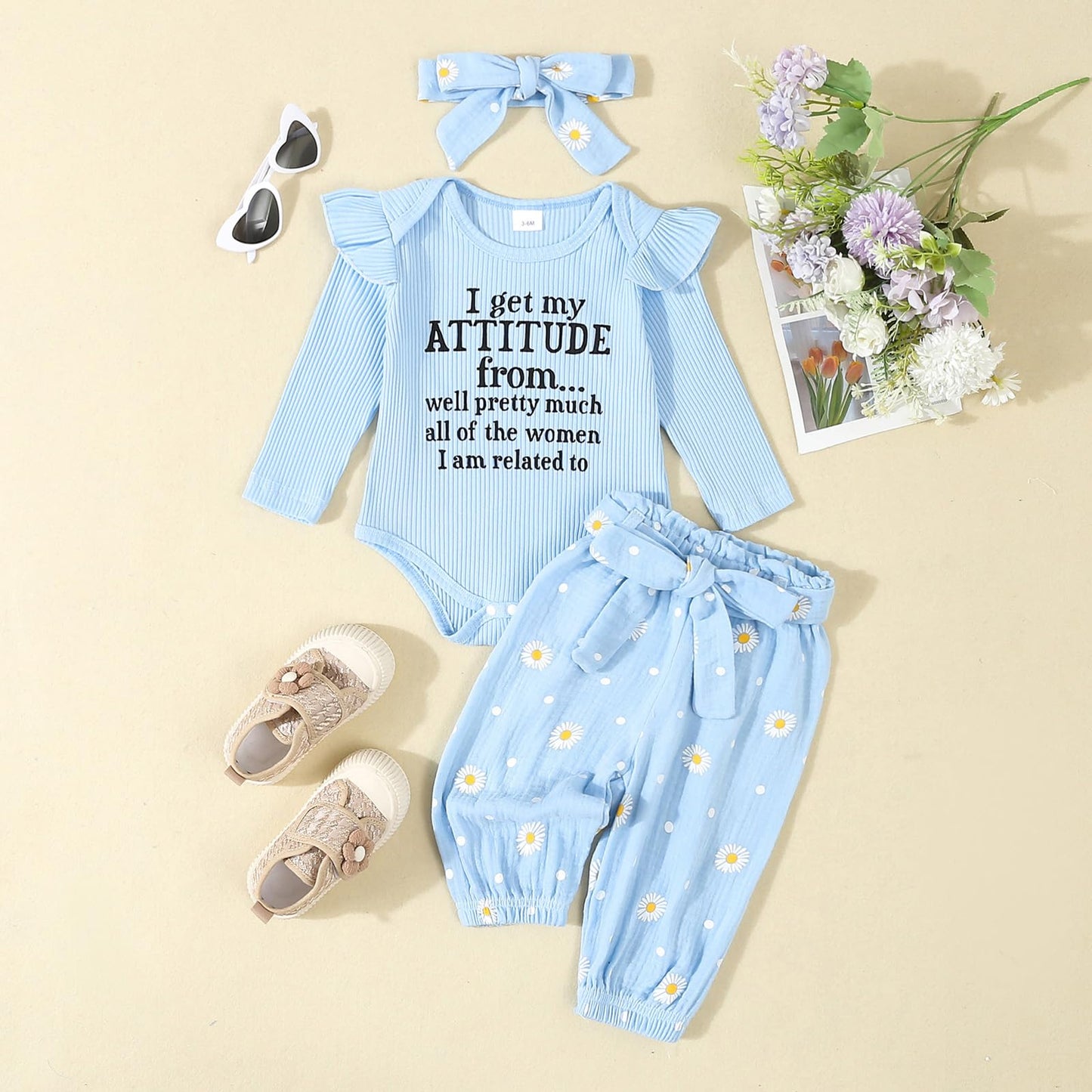 Kaipiclos Newborn Infant Girl Clothes Rib Knit Romper Daisy Print Pants Headband Baby Clothes for Girls 0 3 6 12 18 24 Months