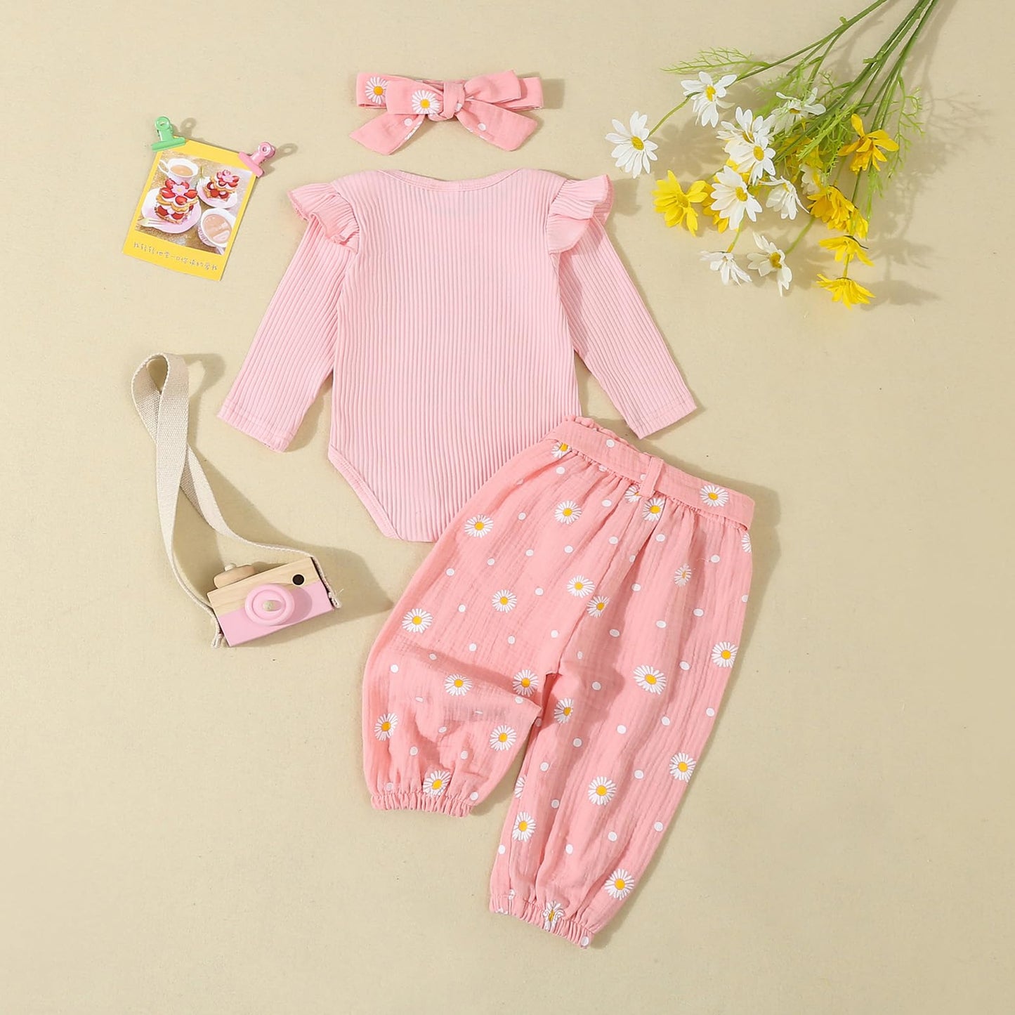 Kaipiclos Newborn Infant Girl Clothes Rib Knit Romper Daisy Print Pants Headband Baby Clothes for Girls 0 3 6 12 18 24 Months