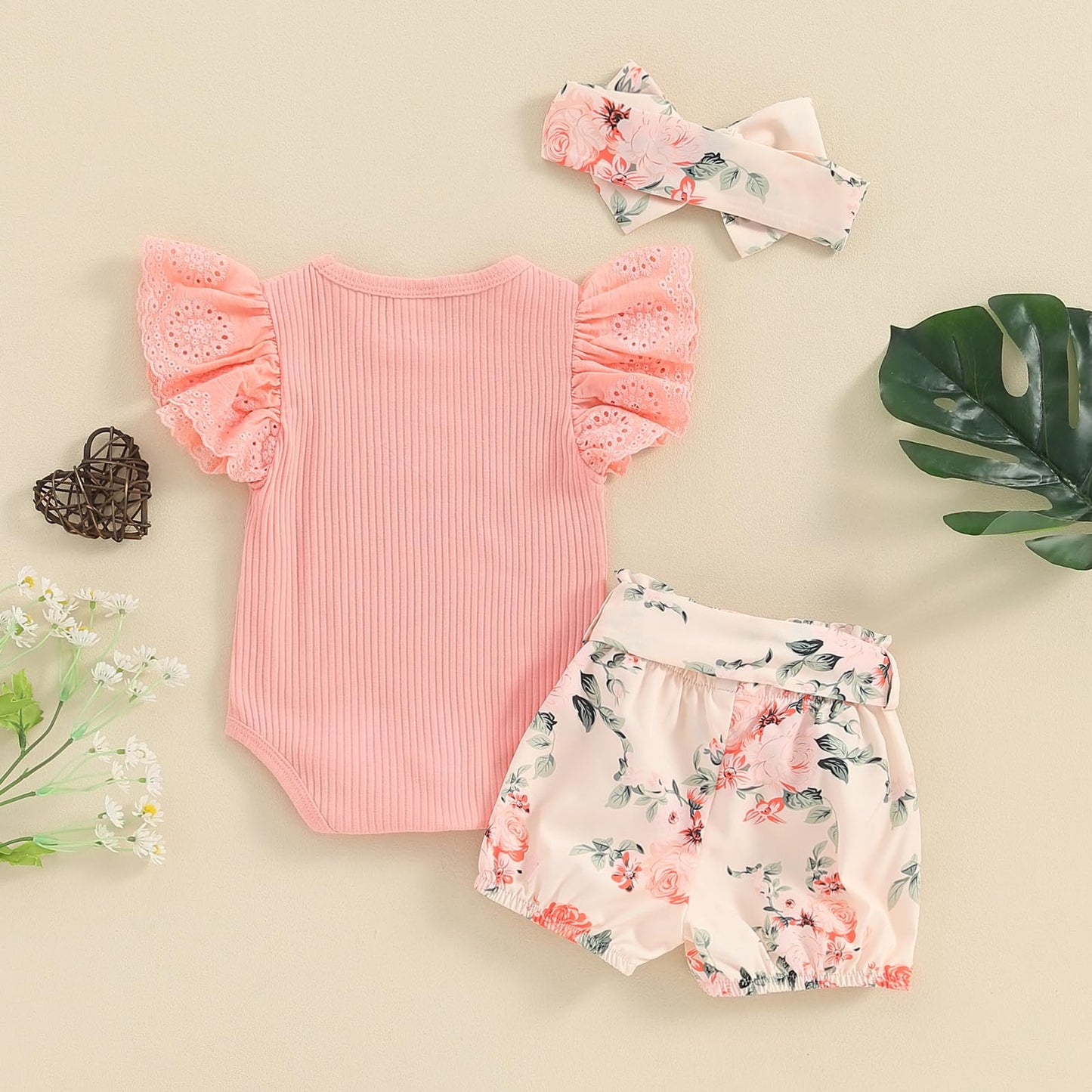 Hello World - Conjunto de mameluco acanalado con volantes y pantalones florales para recién nacido, ropa de verano