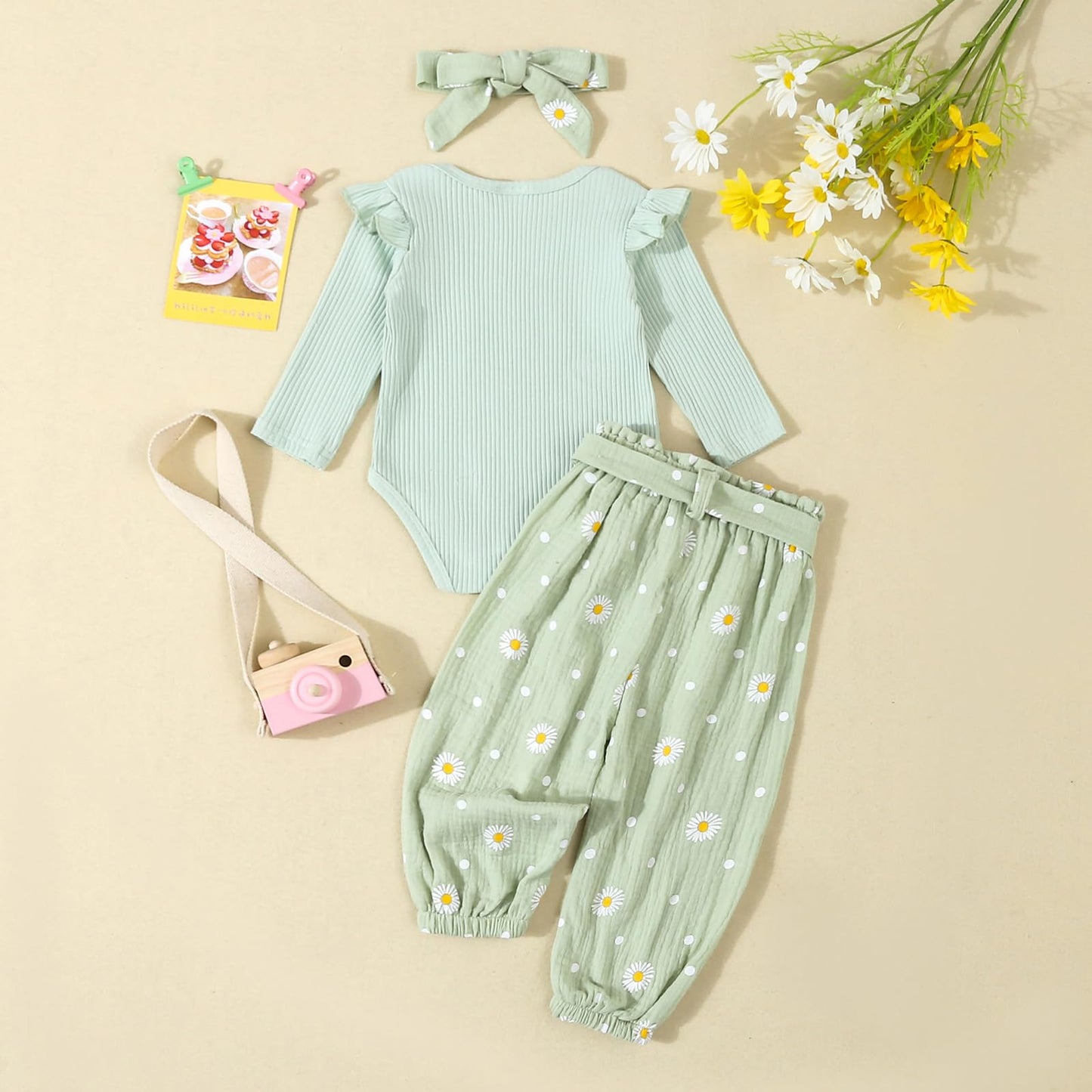 Kaipiclos Newborn Infant Girl Clothes Rib Knit Romper Daisy Print Pants Headband Baby Clothes for Girls 0 3 6 12 18 24 Months