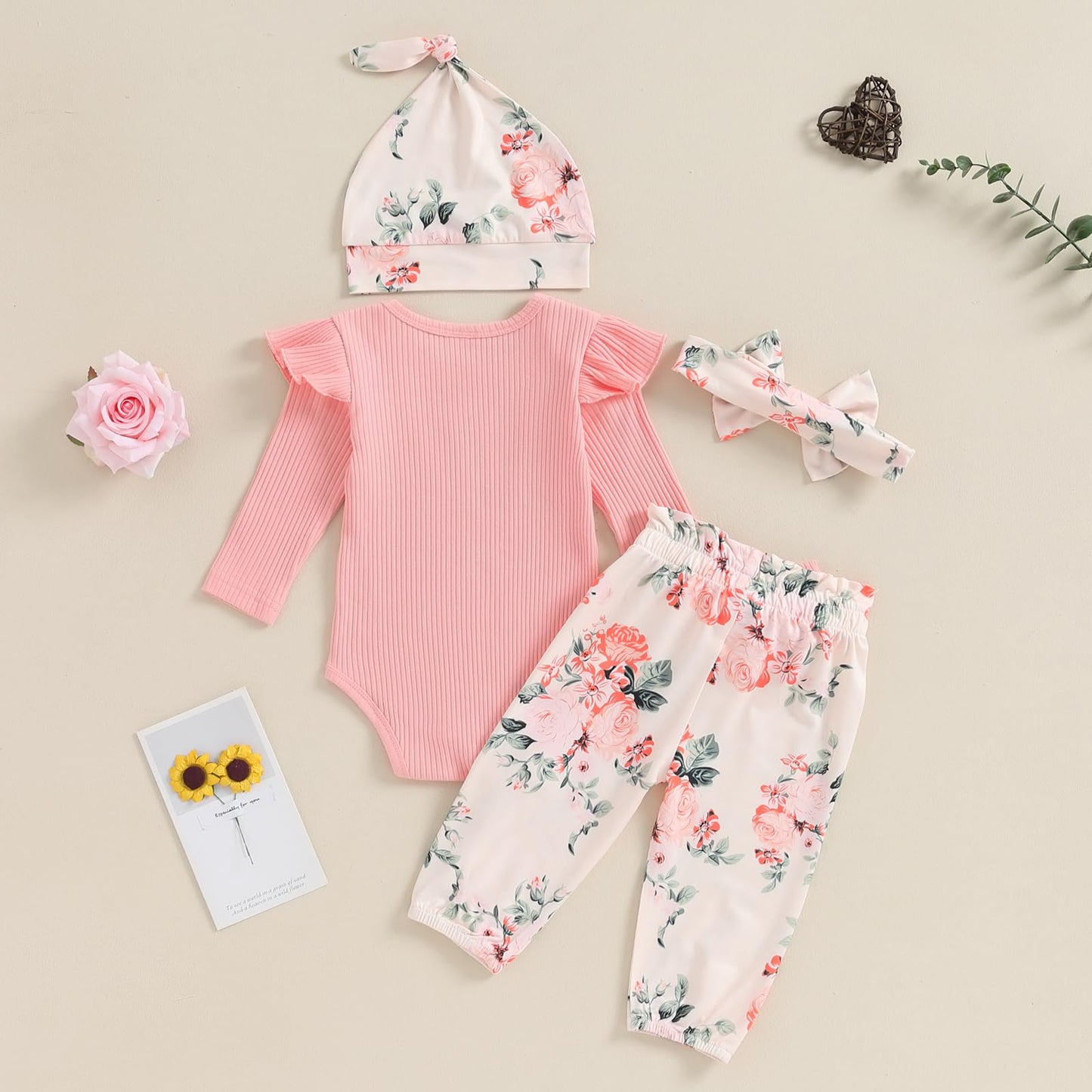 Hello World - Conjunto de mameluco acanalado con volantes y pantalones florales para recién nacido, ropa de verano