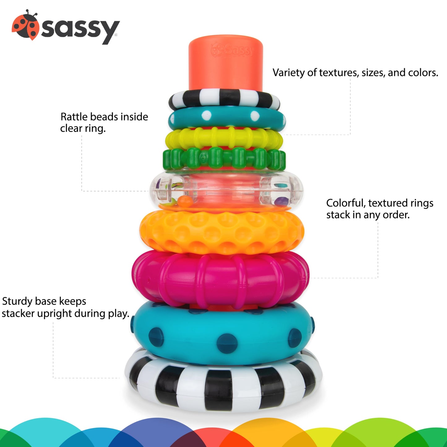 Sassy Stacks of Circles - Juego de 9 piezas para aprender con anillo apilable, para edades de 6 meses en adelante, multicolor