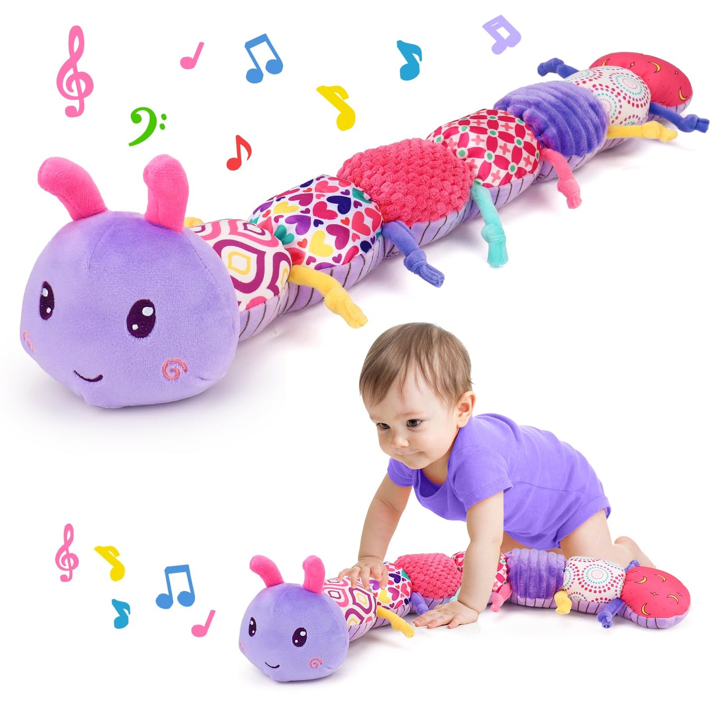 Juguete sensorial para bebé de 0 a 6 meses, animal musical de peluche, oruga, juguete de peluche para bebés de 0 a 3 a 6 meses, tiempo boca abajo con espejo de bebé, sonajero arrugado para 6 a 12