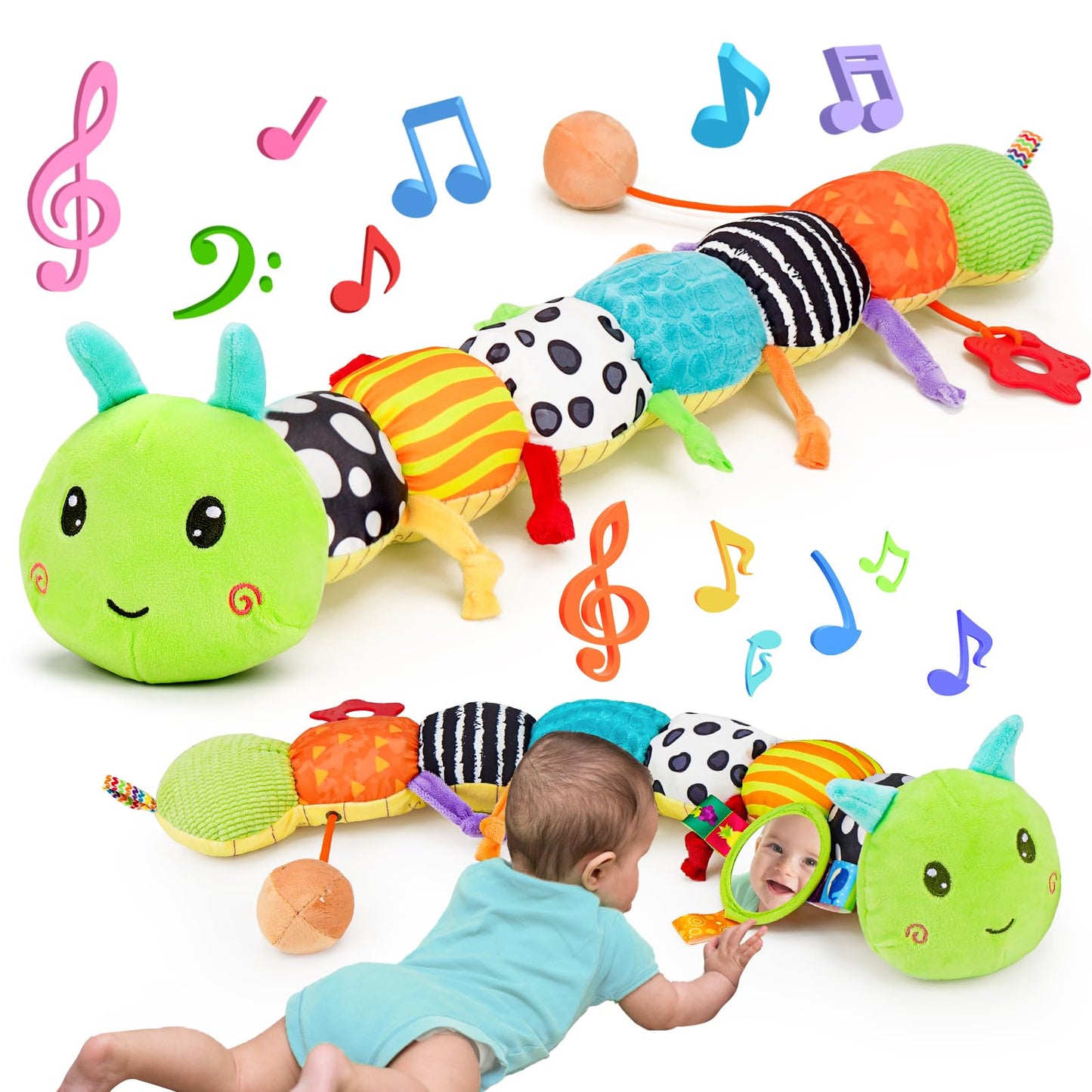 Juguete sensorial para bebé de 0 a 6 meses, animal musical de peluche, oruga, juguete de peluche para bebés de 0 a 3 a 6 meses, tiempo boca abajo con espejo de bebé, sonajero arrugado para 6 a 12