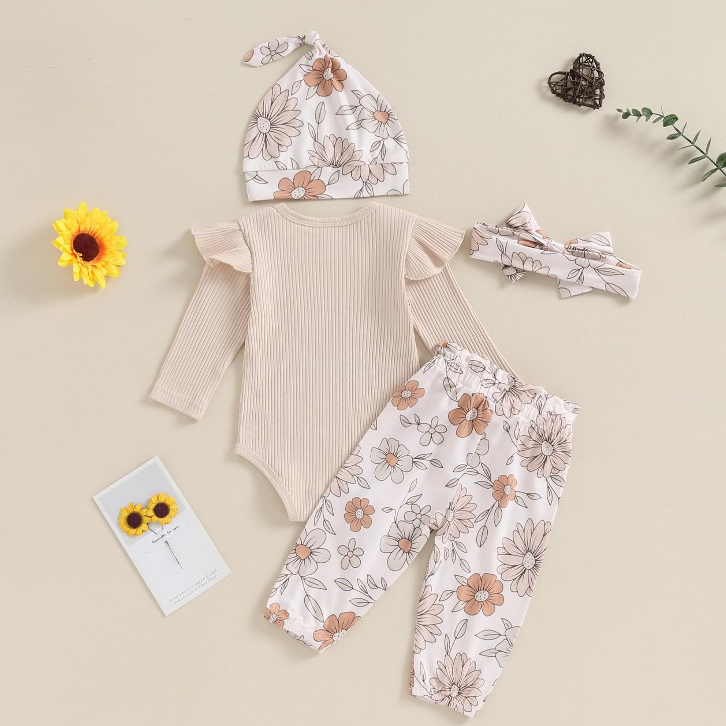 Hello World - Conjunto de mameluco acanalado con volantes y pantalones florales para recién nacido, ropa de verano