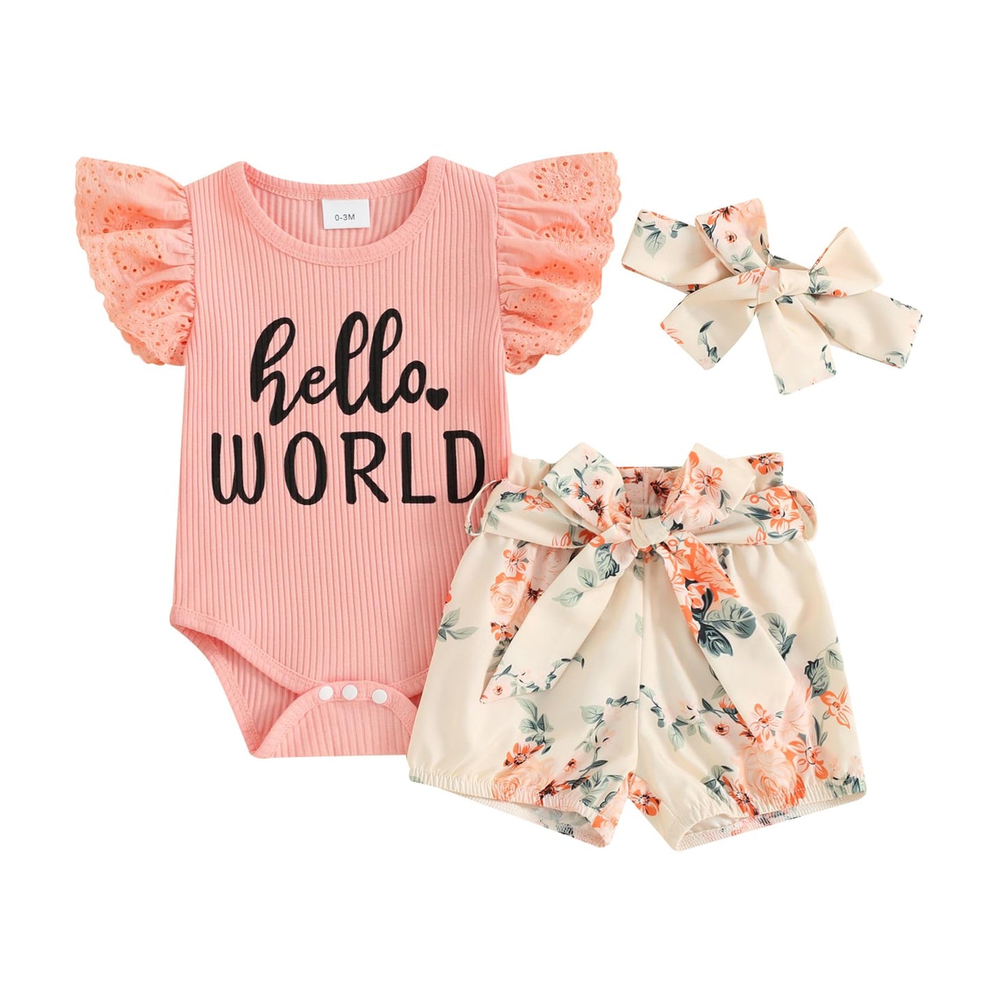 Hello World - Conjunto de mameluco acanalado con volantes y pantalones florales para recién nacido, ropa de verano