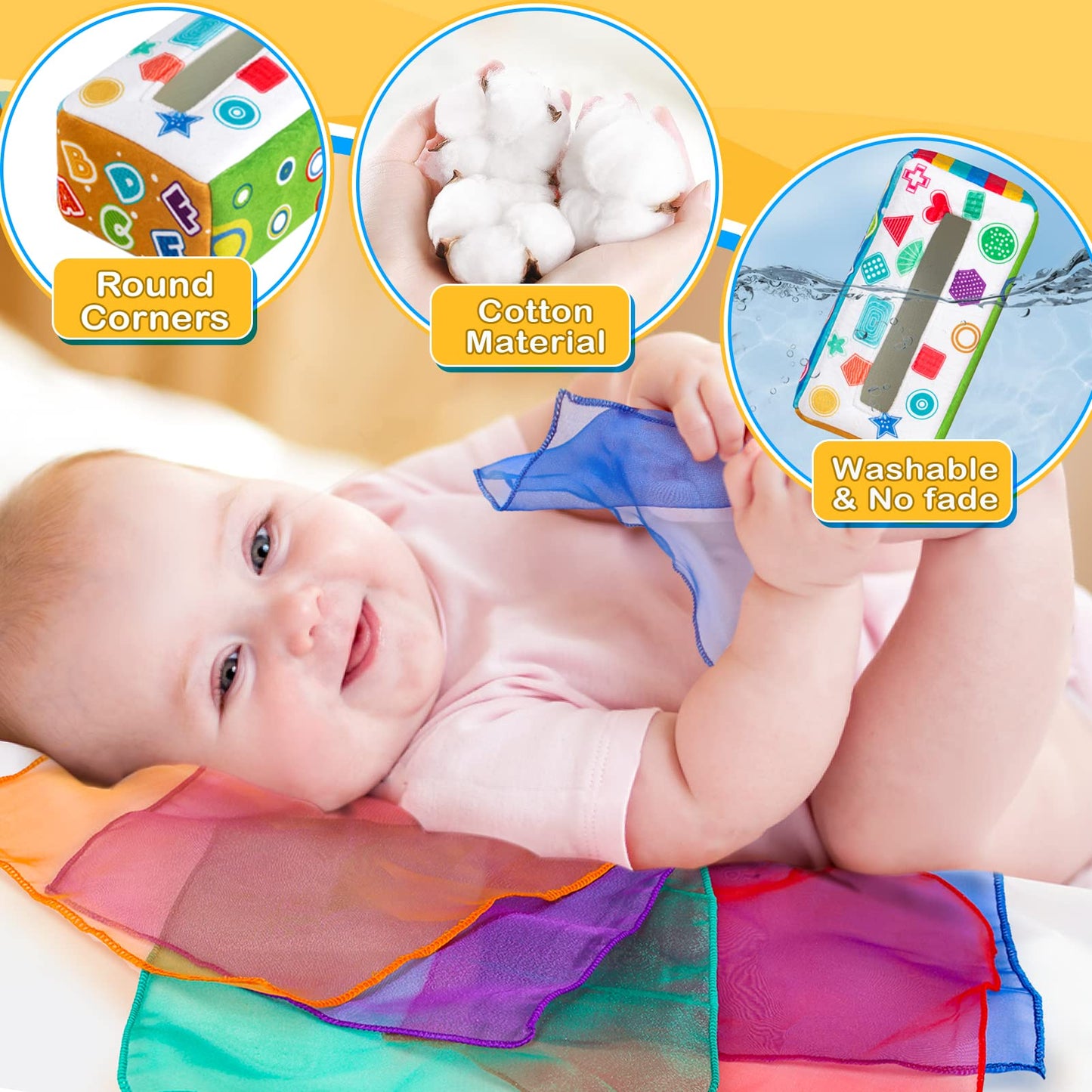 DINORUN Juguetes para bebés de 6 a 12 meses – Juguetes Montessori para bebés de 6 a 12 meses – Juguetes sensoriales para bebés recién nacidos – Caja de pañuelos mágica para bebé, juguete educativo de