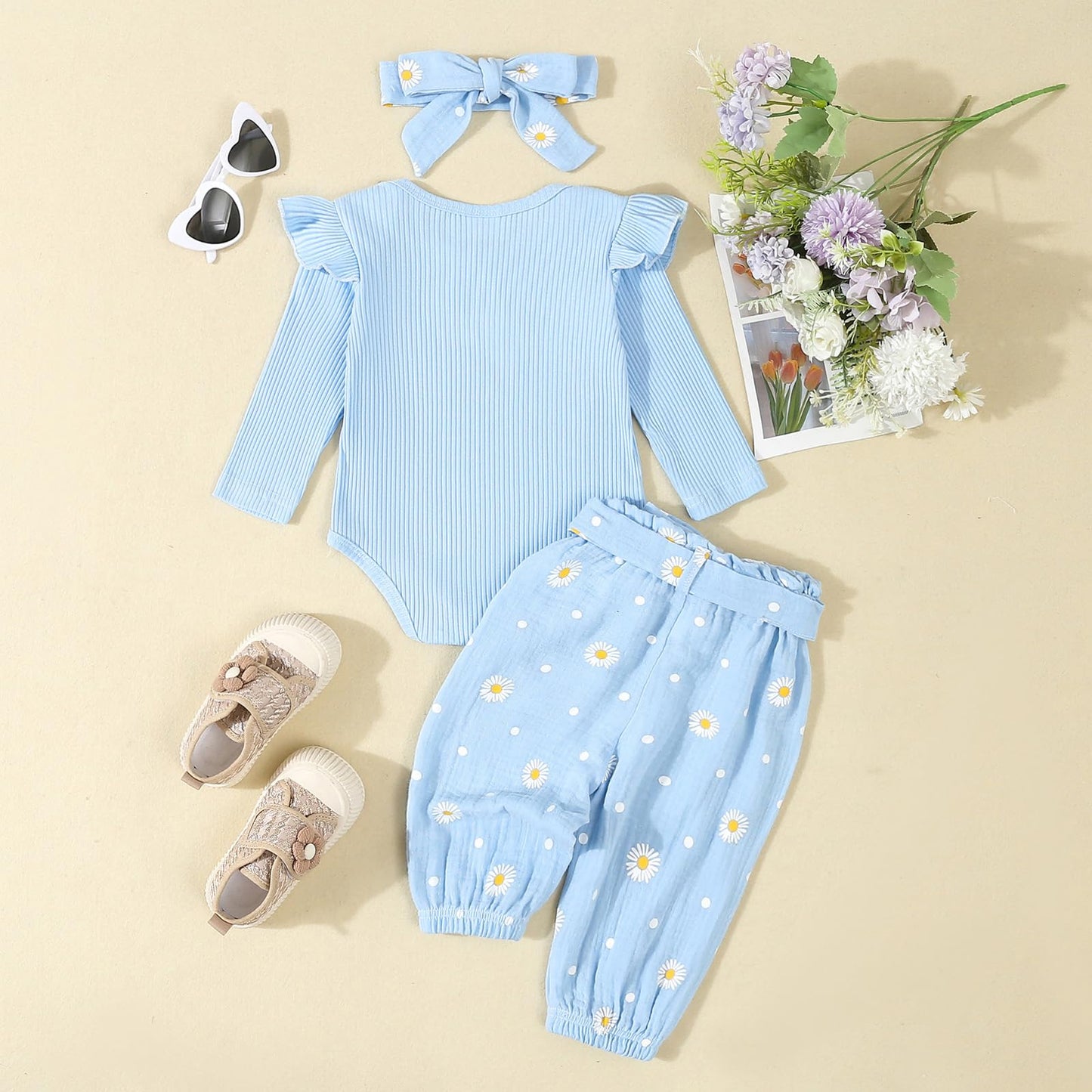 Kaipiclos Newborn Infant Girl Clothes Rib Knit Romper Daisy Print Pants Headband Baby Clothes for Girls 0 3 6 12 18 24 Months