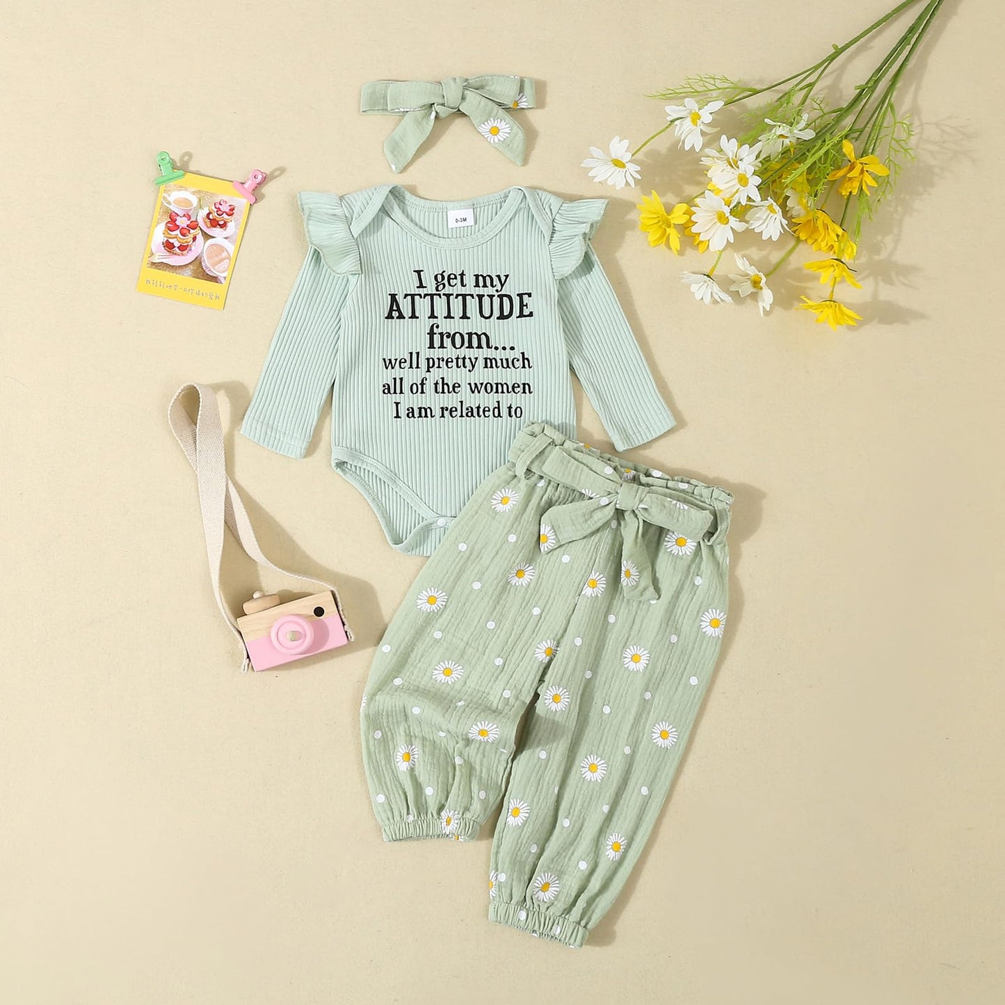 Kaipiclos Newborn Infant Girl Clothes Rib Knit Romper Daisy Print Pants Headband Baby Clothes for Girls 0 3 6 12 18 24 Months