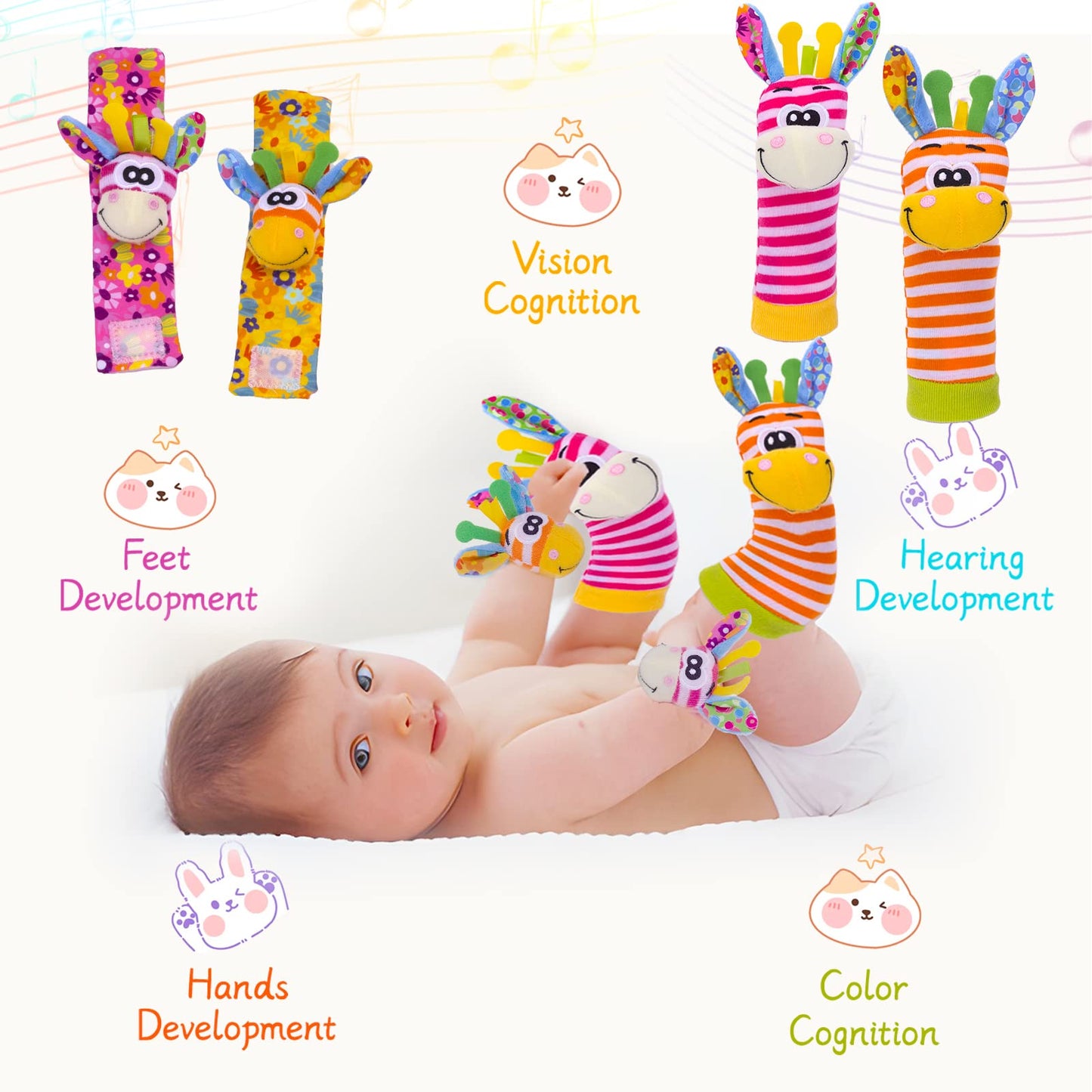 Juego de calcetines para sonajero de muñeca, para bebé, brazo, mano, pulsera, sonajero, pies, piernas, tobillos, calcetines para recién nacidos, juguetes sensoriales suaves para bebés,