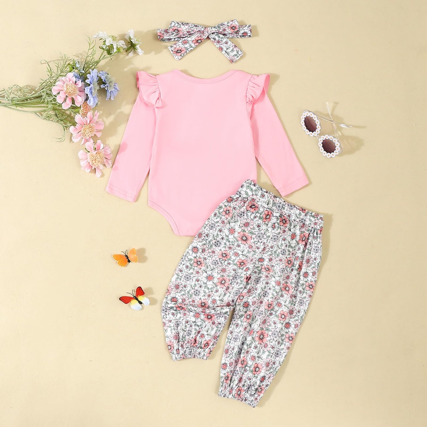 Kaipiclos Newborn Infant Girl Clothes Rib Knit Romper Daisy Print Pants Headband Baby Clothes for Girls 0 3 6 12 18 24 Months