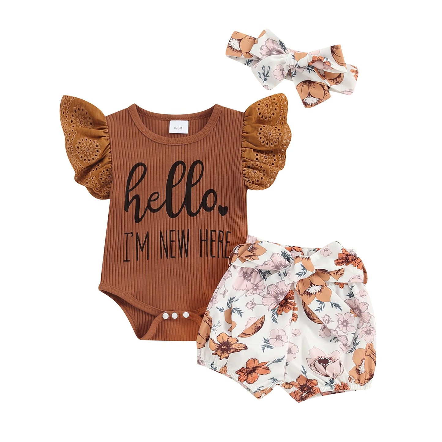 Hello World - Conjunto de mameluco acanalado con volantes y pantalones florales para recién nacido, ropa de verano