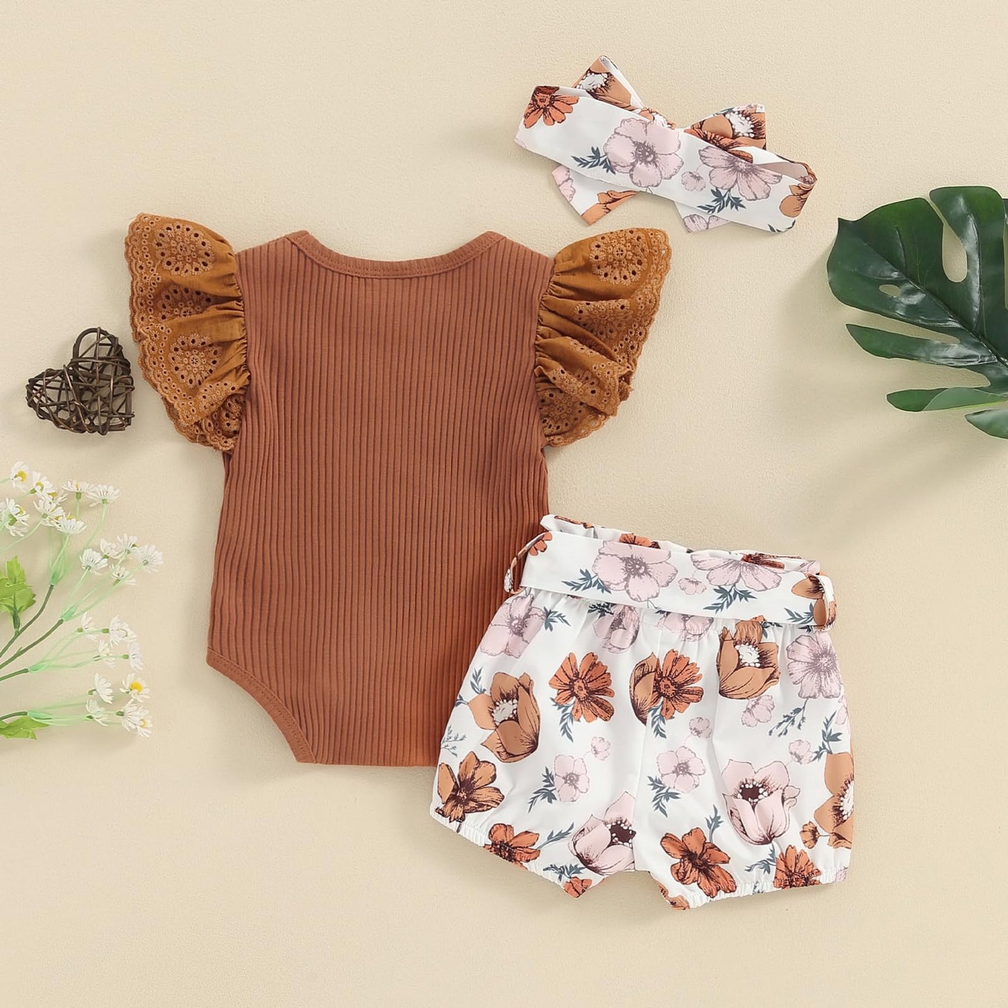 Hello World - Conjunto de mameluco acanalado con volantes y pantalones florales para recién nacido, ropa de verano