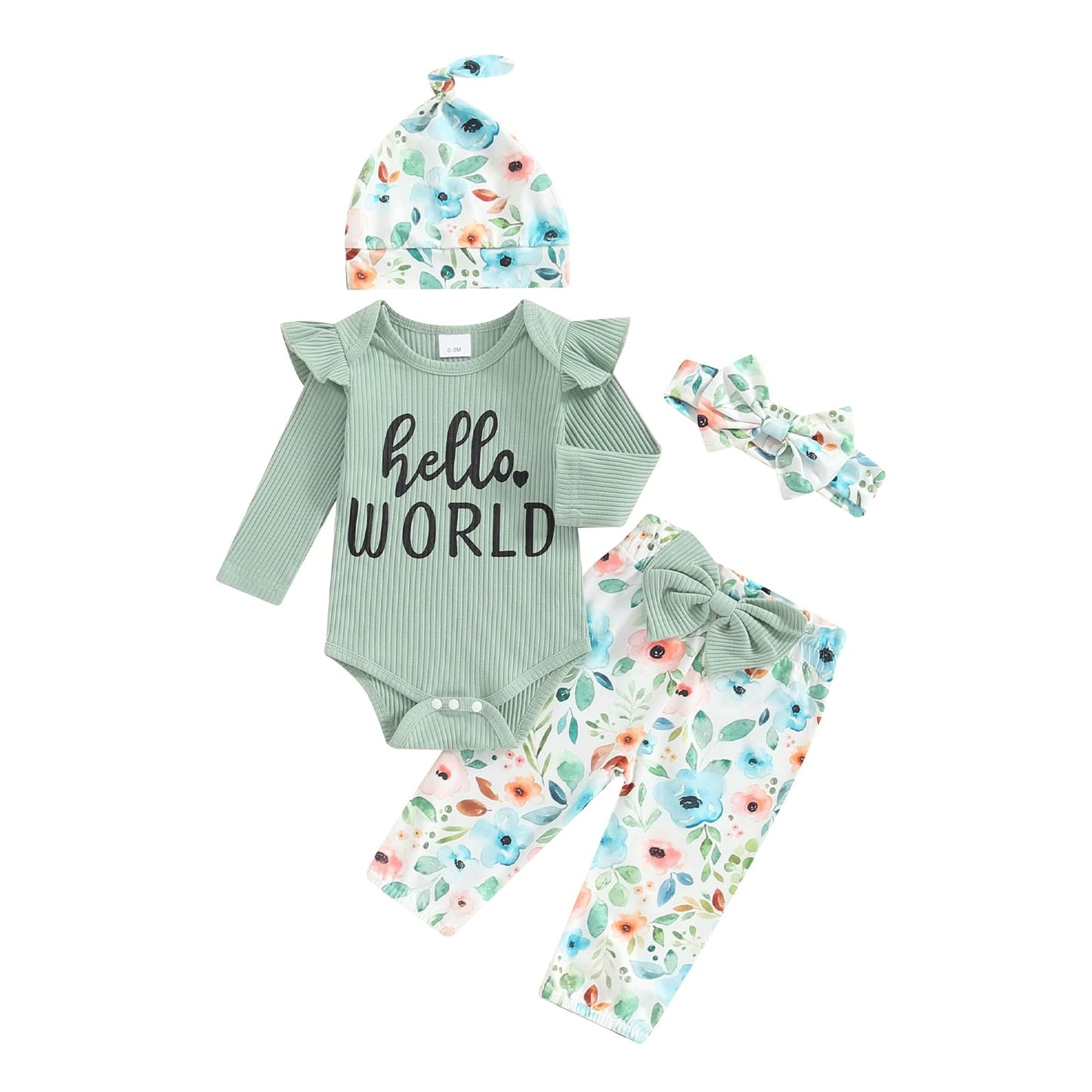 Hello World - Conjunto de mameluco acanalado con volantes y pantalones florales para recién nacido, ropa de verano