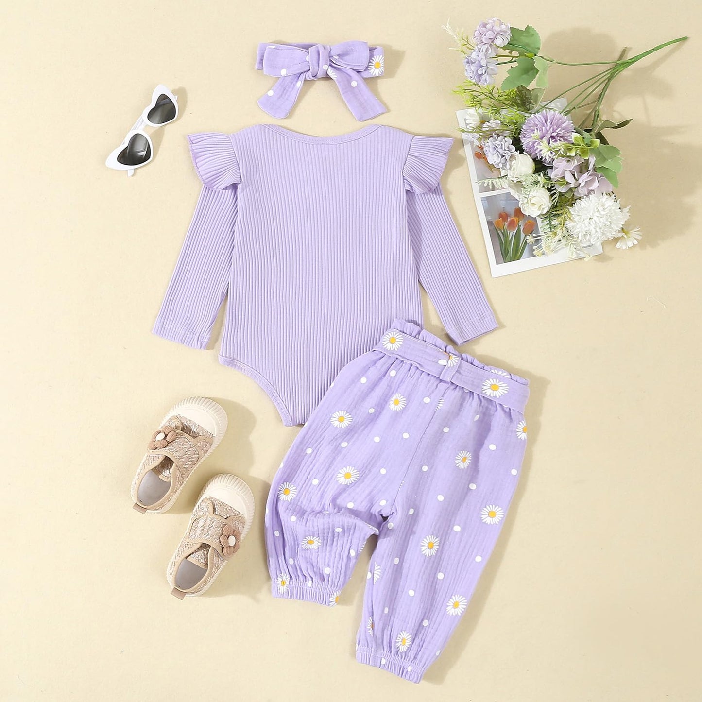 Kaipiclos Newborn Infant Girl Clothes Rib Knit Romper Daisy Print Pants Headband Baby Clothes for Girls 0 3 6 12 18 24 Months