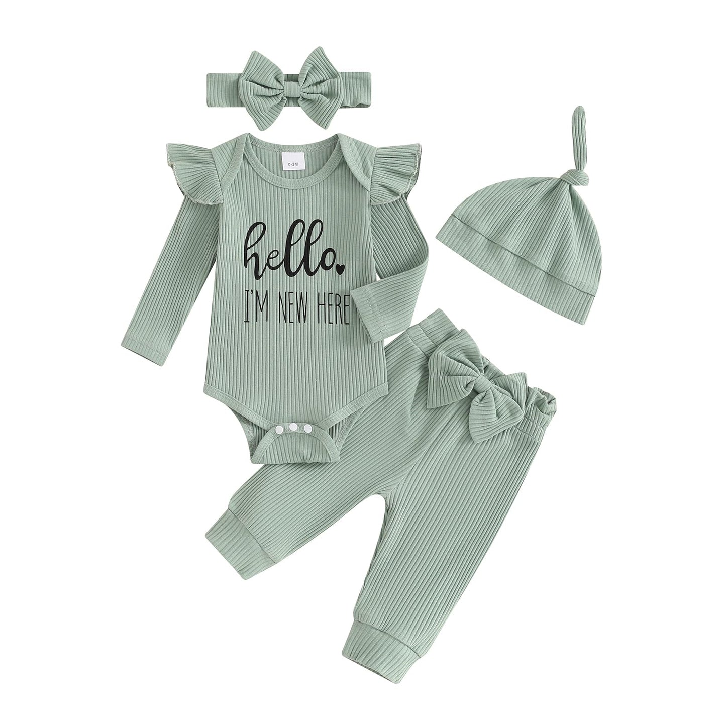 Hello World - Conjunto de mameluco acanalado con volantes y pantalones florales para recién nacido, ropa de verano