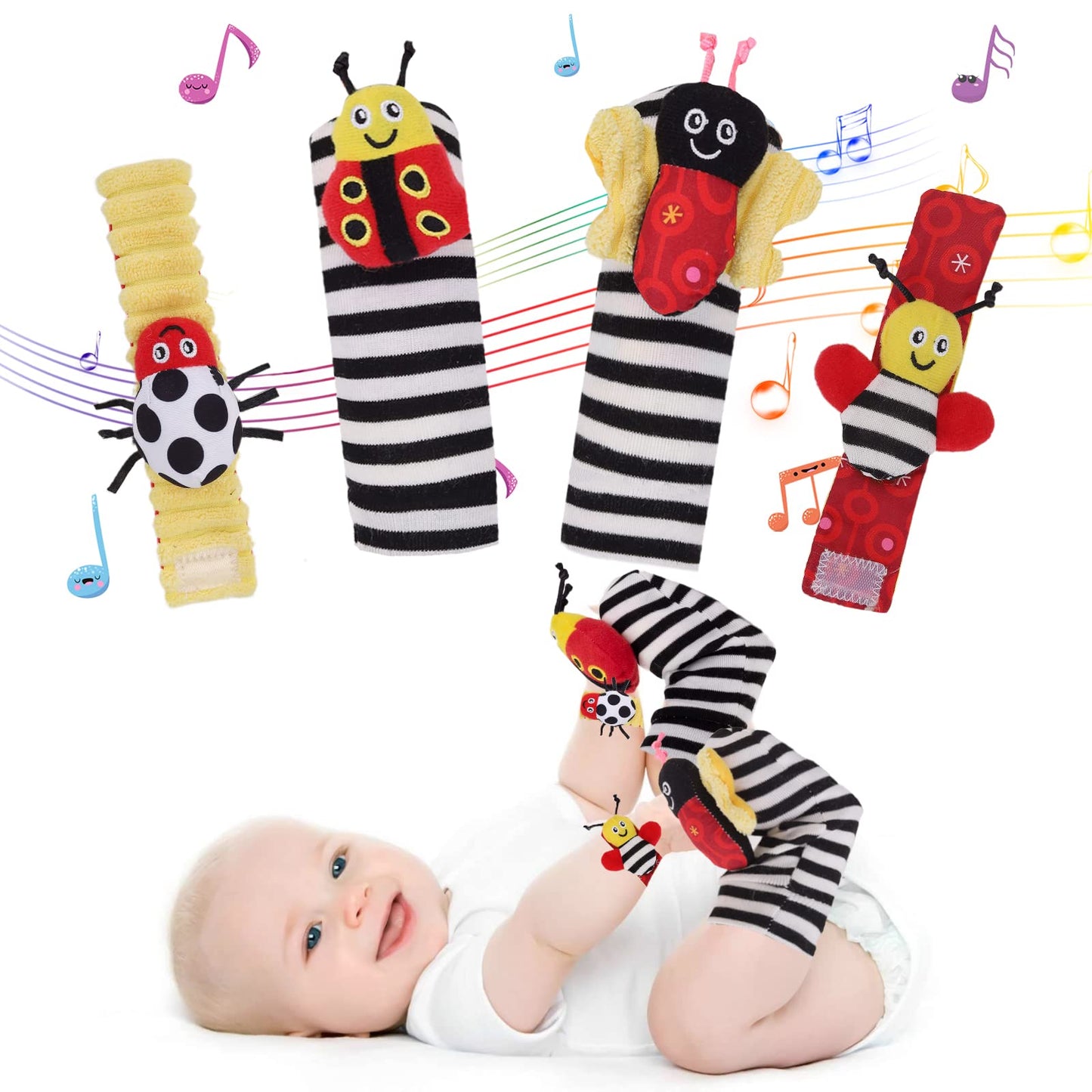 Juego de calcetines para sonajero de muñeca, para bebé, brazo, mano, pulsera, sonajero, pies, piernas, tobillos, calcetines para recién nacidos, juguetes sensoriales suaves para bebés,