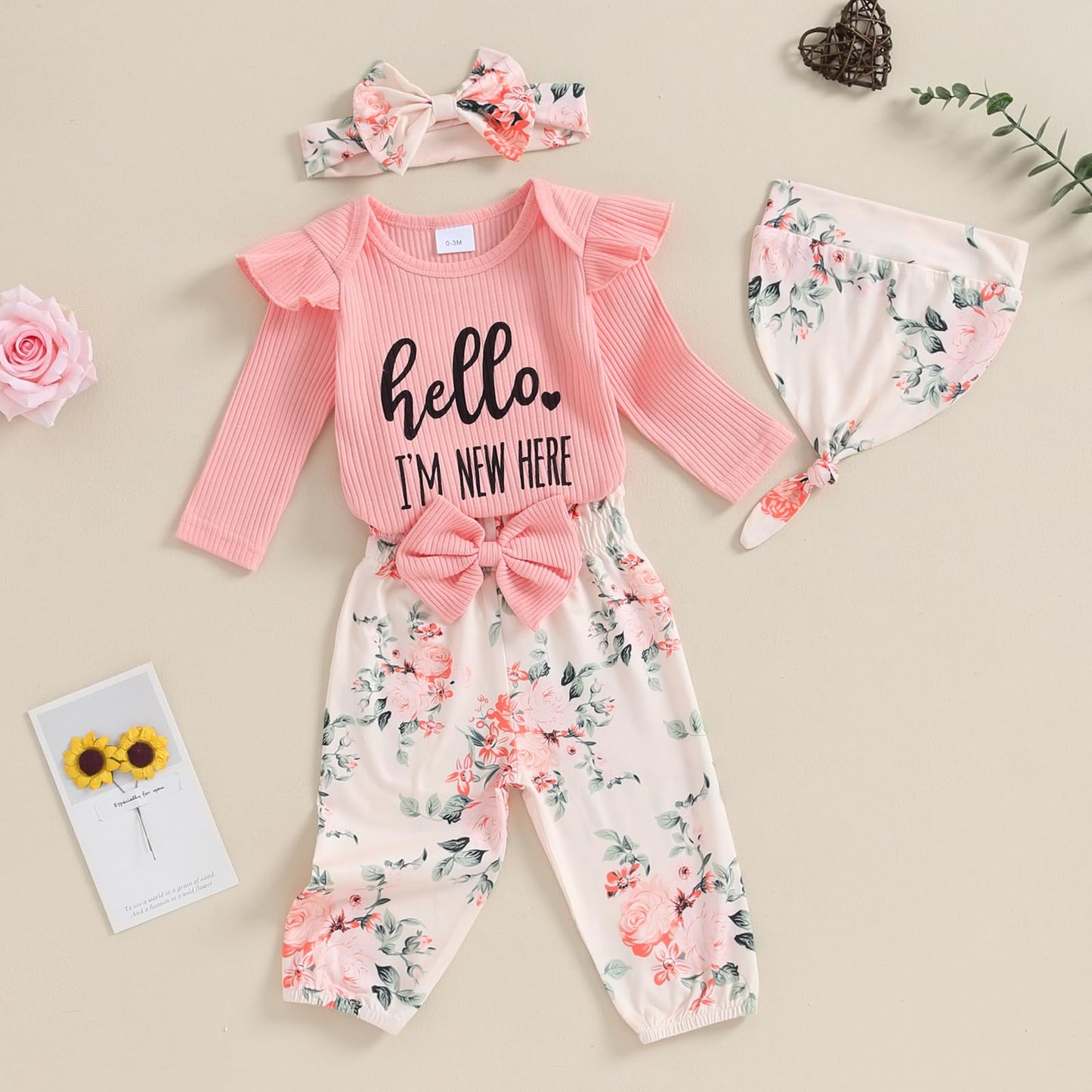 Hello World - Conjunto de mameluco acanalado con volantes y pantalones florales para recién nacido, ropa de verano