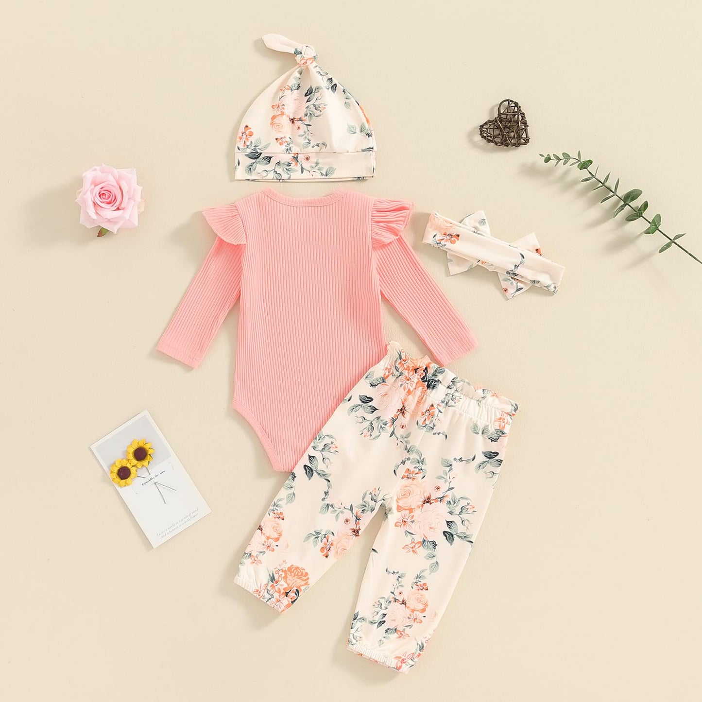 Hello World - Conjunto de mameluco acanalado con volantes y pantalones florales para recién nacido, ropa de verano