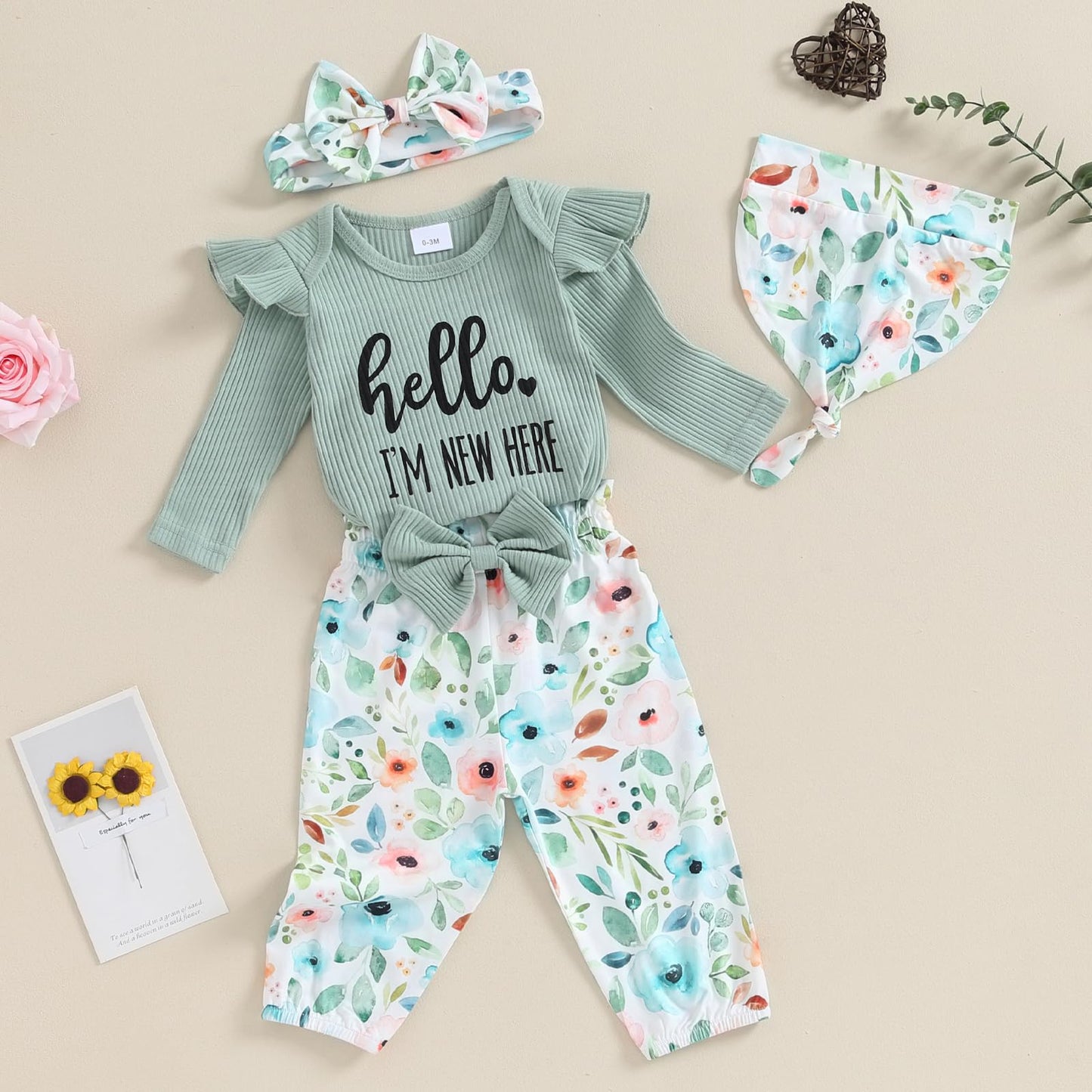 Hello World - Conjunto de mameluco acanalado con volantes y pantalones florales para recién nacido, ropa de verano