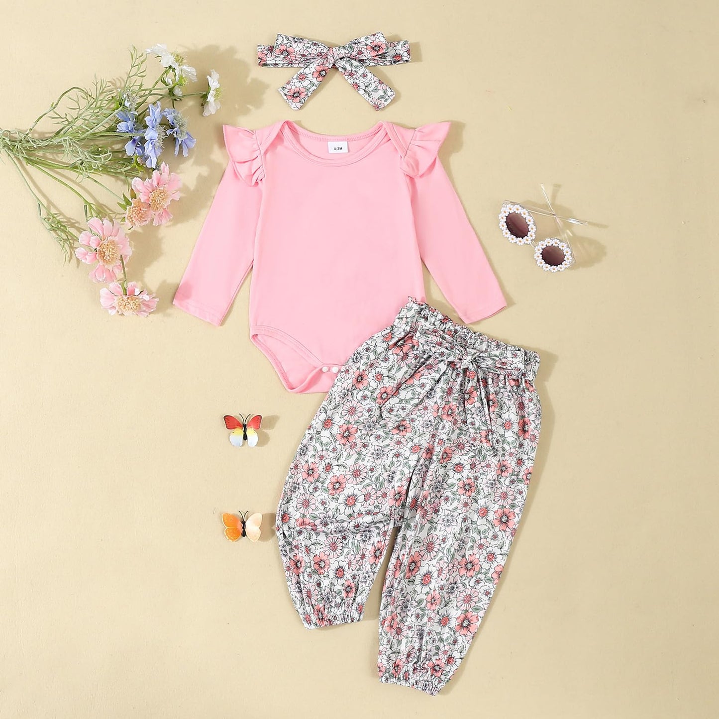 Kaipiclos Newborn Infant Girl Clothes Rib Knit Romper Daisy Print Pants Headband Baby Clothes for Girls 0 3 6 12 18 24 Months