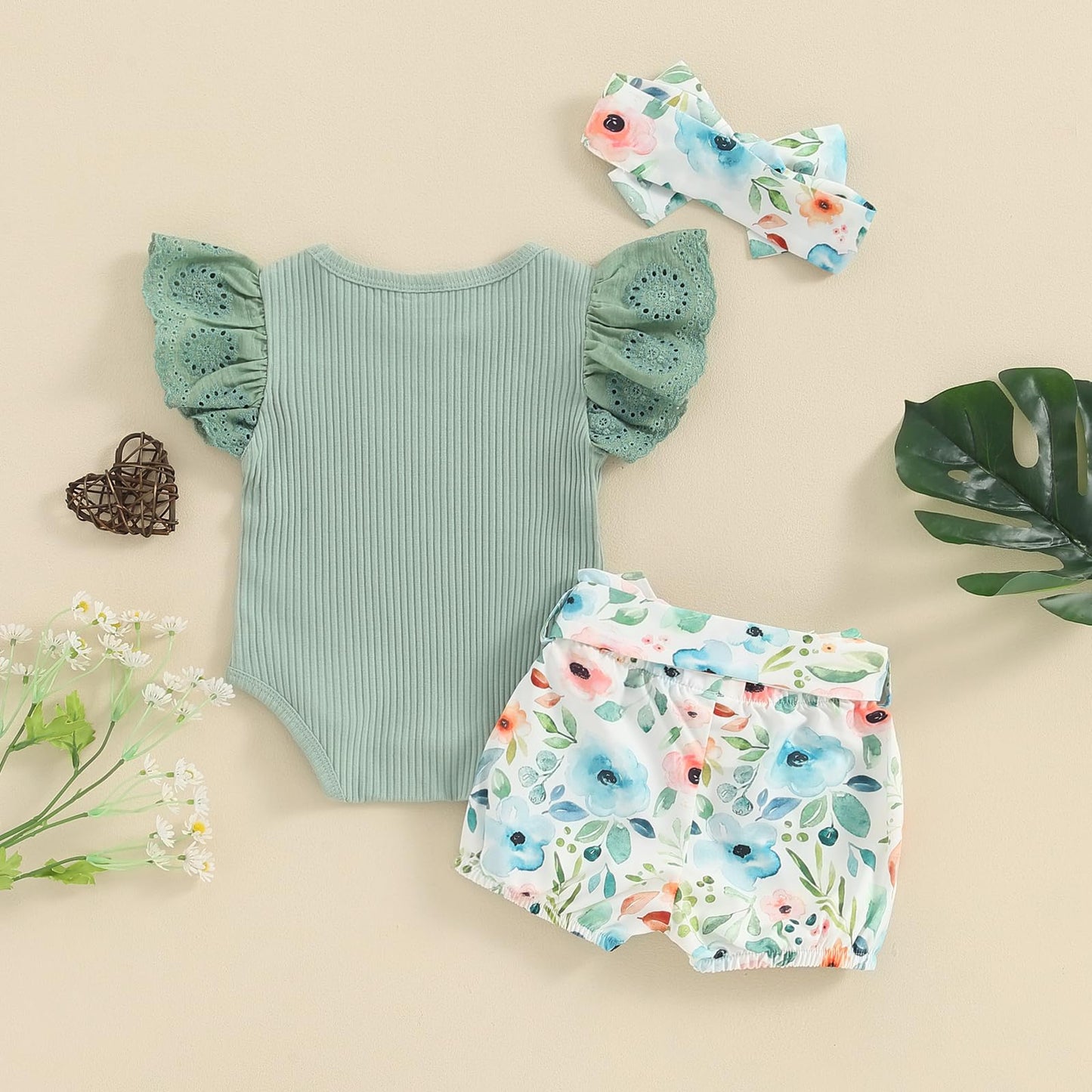 Hello World - Conjunto de mameluco acanalado con volantes y pantalones florales para recién nacido, ropa de verano