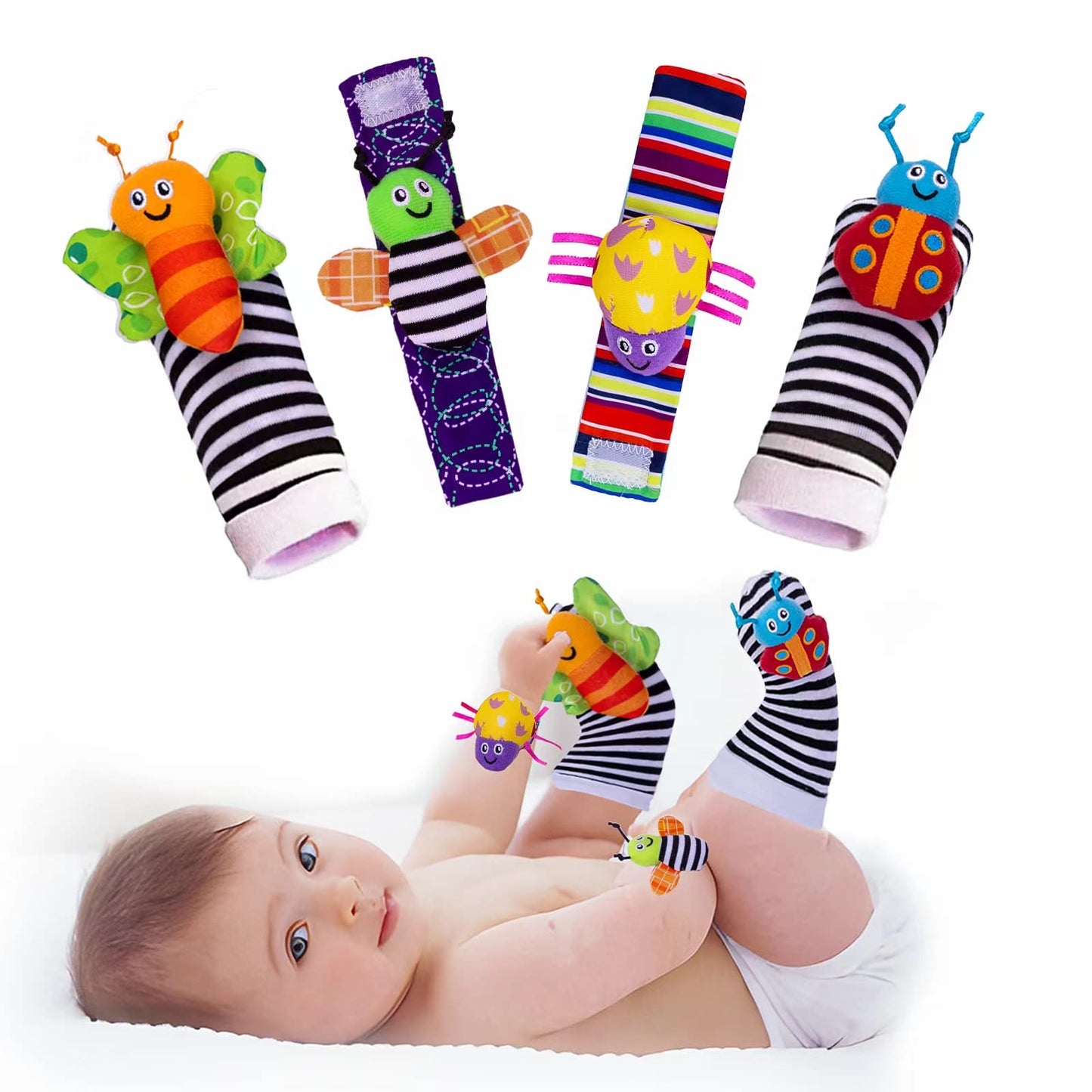 Juego de calcetines para sonajero de muñeca, para bebé, brazo, mano, pulsera, sonajero, pies, piernas, tobillos, calcetines para recién nacidos, juguetes sensoriales suaves para bebés,