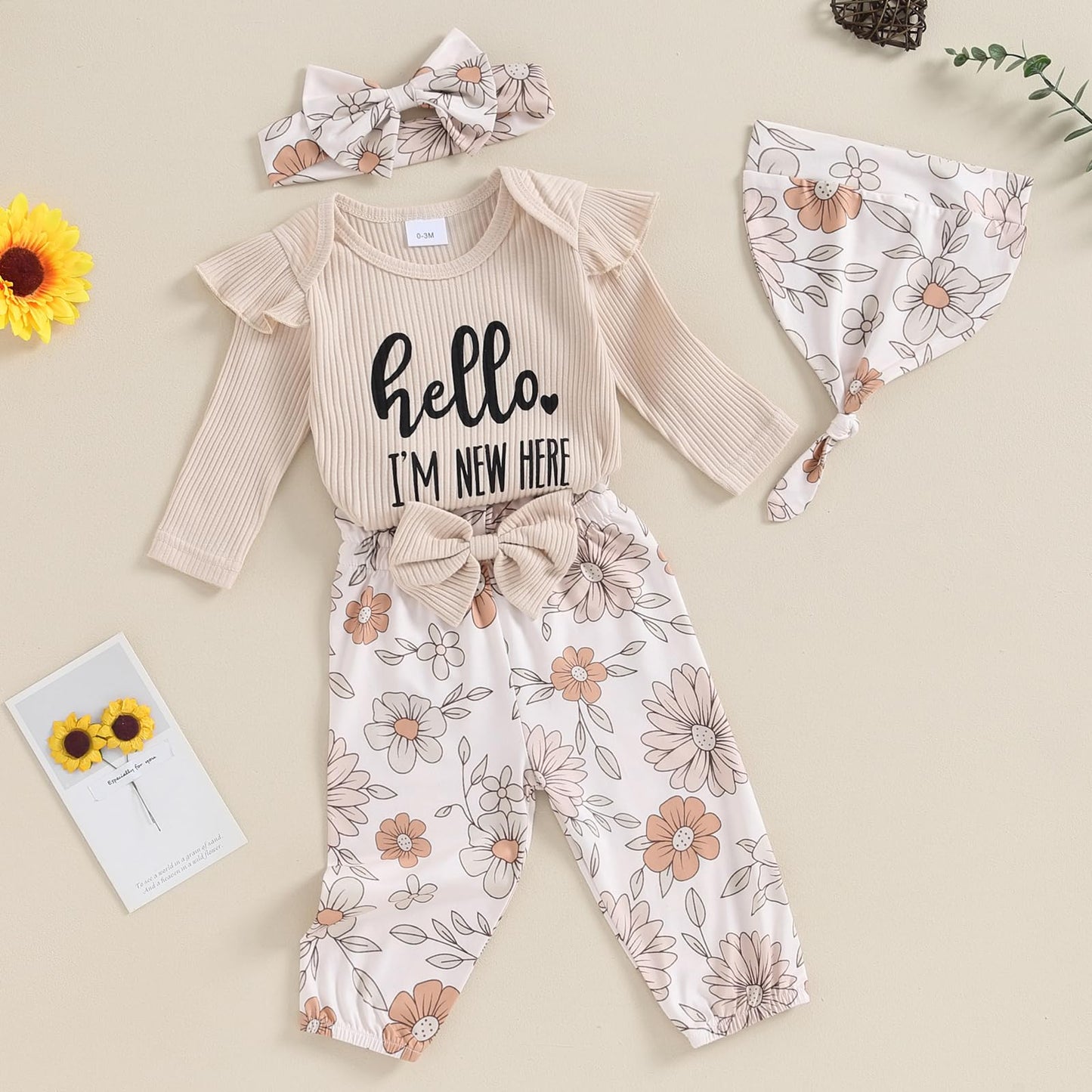 Hello World - Conjunto de mameluco acanalado con volantes y pantalones florales para recién nacido, ropa de verano