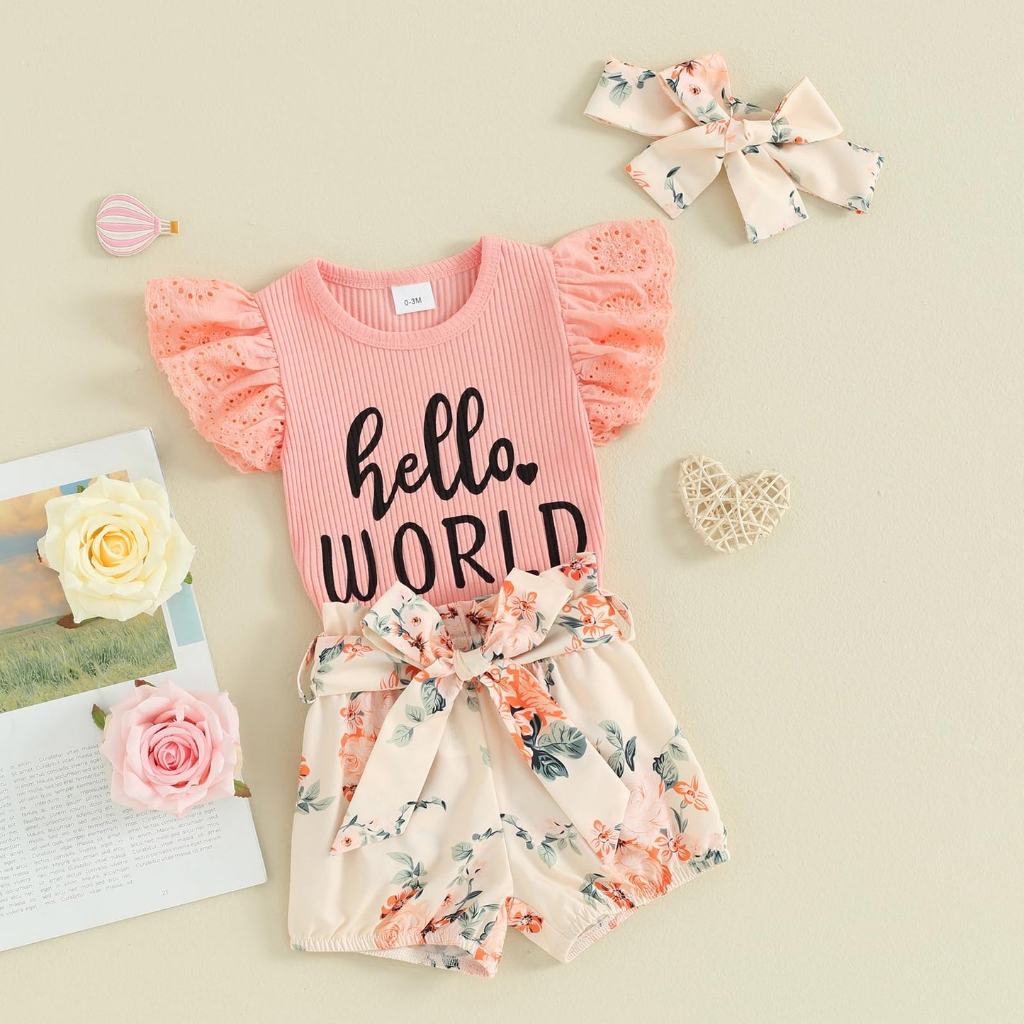 Hello World - Conjunto de mameluco acanalado con volantes y pantalones florales para recién nacido, ropa de verano