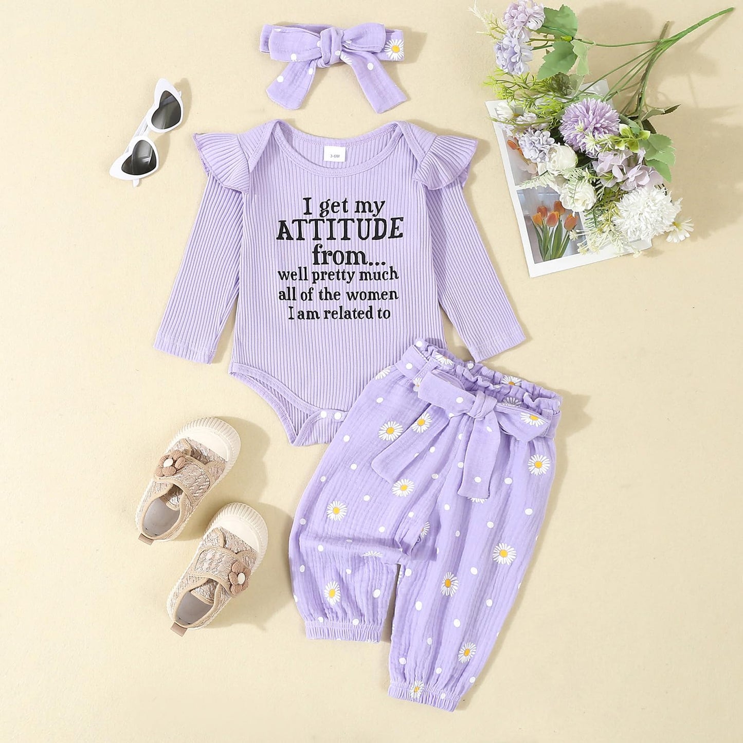 Kaipiclos Newborn Infant Girl Clothes Rib Knit Romper Daisy Print Pants Headband Baby Clothes for Girls 0 3 6 12 18 24 Months